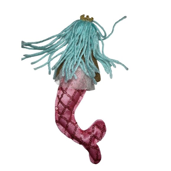 Mermaid Doll Christmas Ornament W Pink Sequin Tail Blue Yarn Hair & Gold Crown - Picture 2 of 4